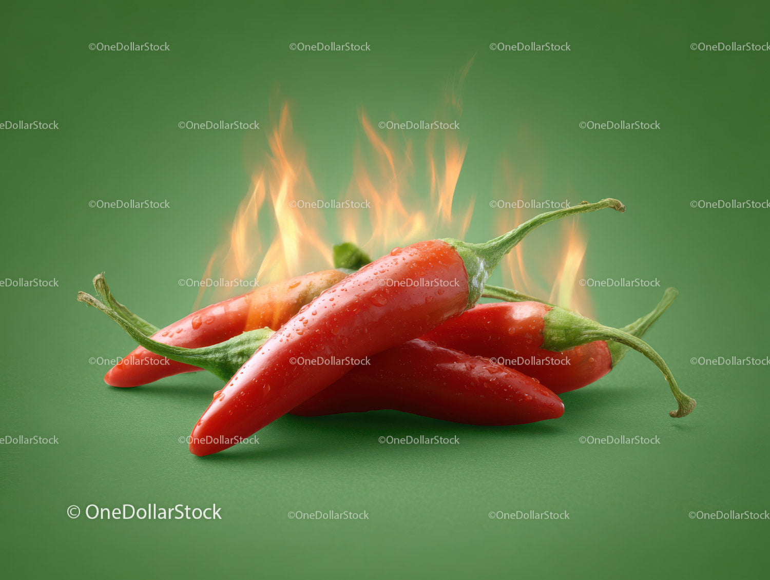 Fiery Red Chili Peppers with Flames on Green Background