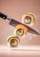Fresh sushi rolls slicing on sharp kitchen knife