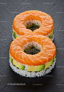 Ring-shaped sushi with salmon and avocado slices
