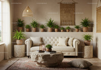 Neutral living room with lush indoor plants and cozy sofa