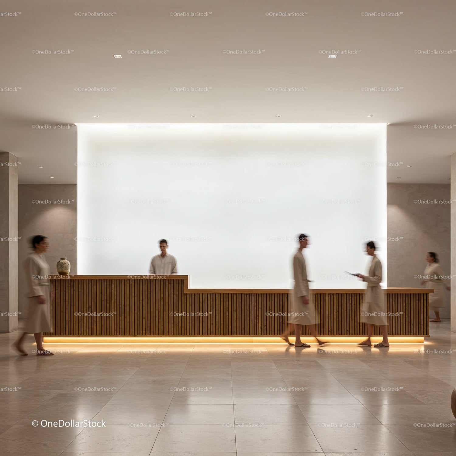 Minimalist spa reception with calm walking guests