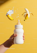Baby hand holding milk bottle with fresh bananas