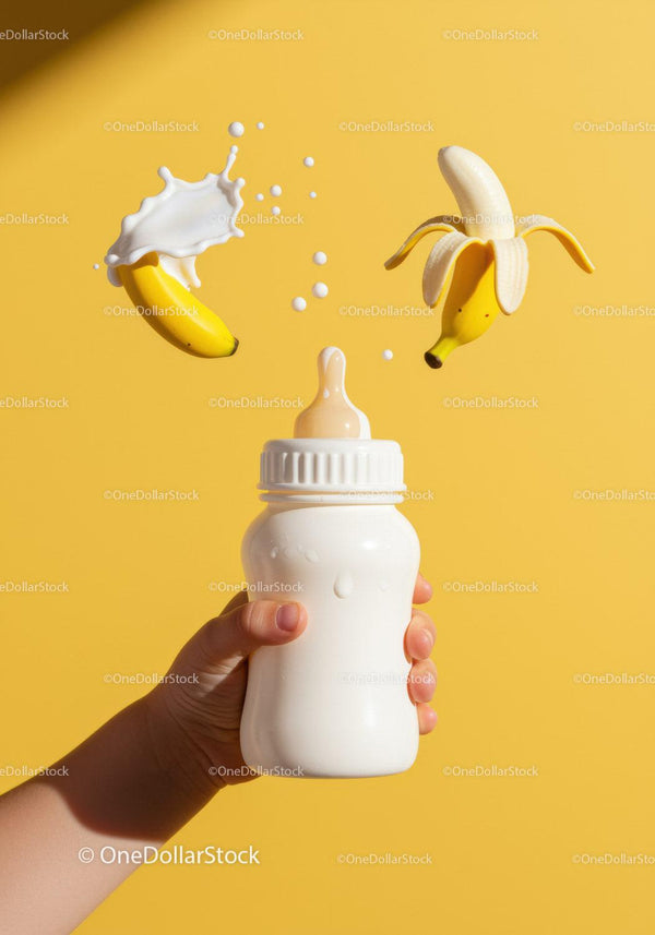 Baby hand holding milk bottle with fresh bananas