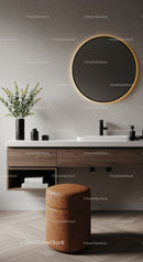 Modern Bathroom with Round Backlit Mirror and Wooden Vanity