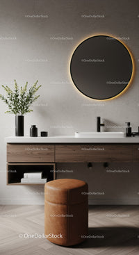 Modern Bathroom with Round Backlit Mirror and Wooden Vanity
