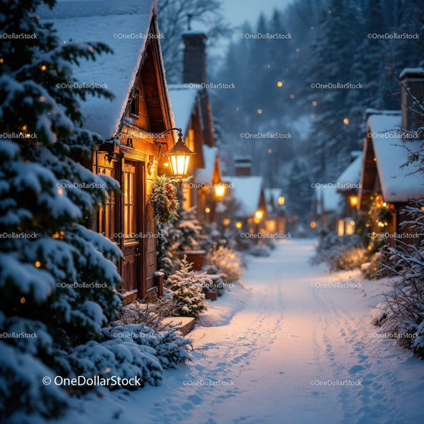 Snowy Village Lane with Warm Glowing Cabin Lights
