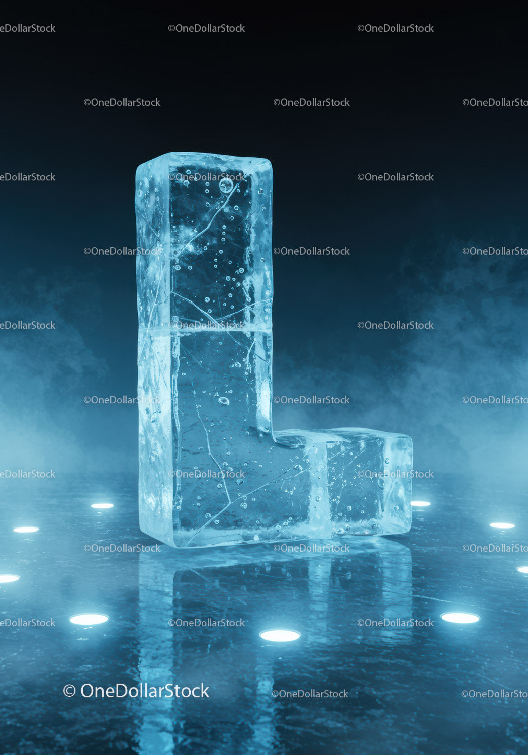Transparent ice block shaped as letter L on reflective surface