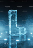 Transparent ice block shaped as letter L on reflective surface