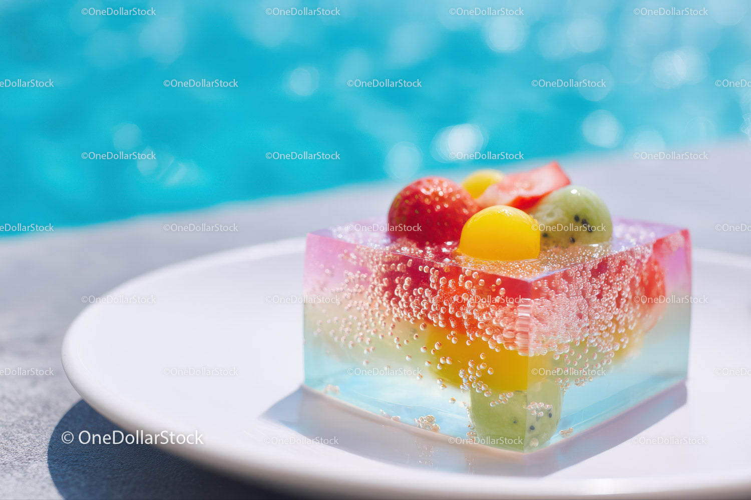 Colorful Fruit Jelly with Fresh Strawberries and Kiwi on White Plate