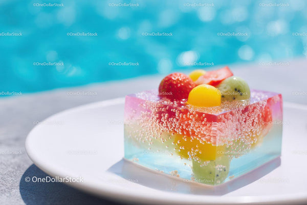 Colorful Fruit Jelly with Fresh Strawberries and Kiwi on White Plate
