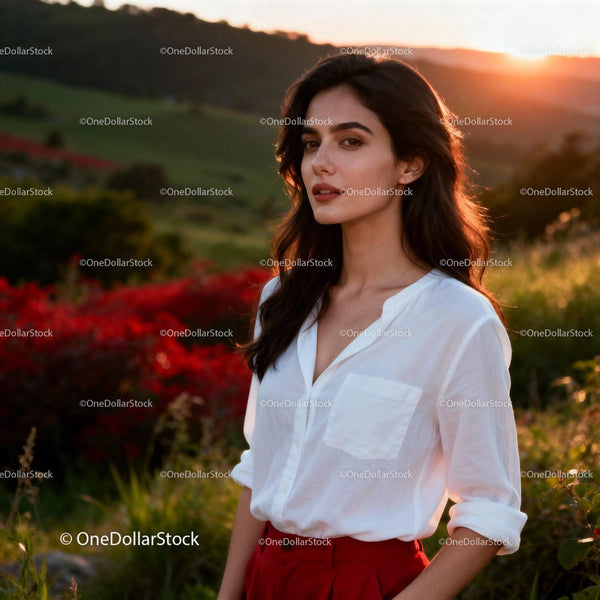 Young woman enjoying sunset in vibrant natural landscape