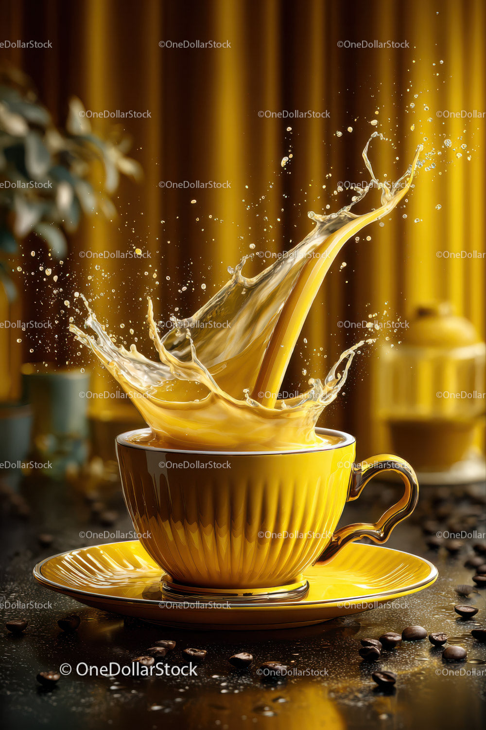 Vibrant Coffee Splash in Yellow Ceramic Cup with Coffee Beans
