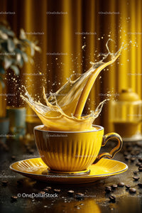 Vibrant Coffee Splash in Yellow Ceramic Cup with Coffee Beans