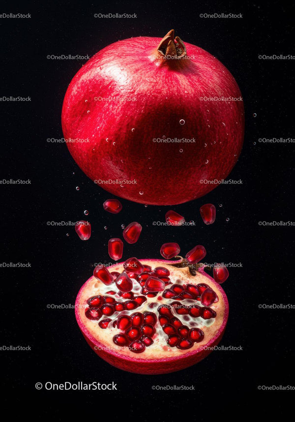 Fresh pomegranate with seeds falling in dark background