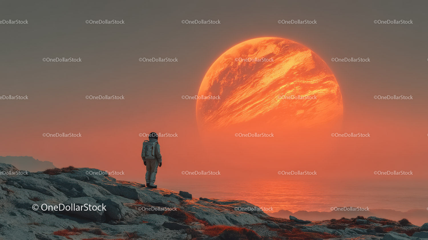 Astronaut Exploring a Surreal Alien Landscape with a Giant Orange Planet