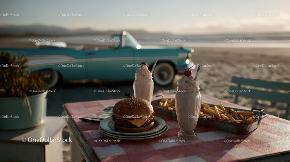 Beachside Picnic with Classic Car and Delicious Fast Food Scene