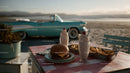 Beachside Picnic with Classic Car and Delicious Fast Food Scene