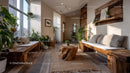 Bright Modern Living Room with Wooden Furniture and Indoor Plants
