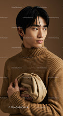 Elegant Young Woman in Brown Turtleneck with Beige Clutch in Studio