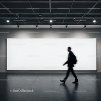 Silhouette of businessman walking past blank billboard