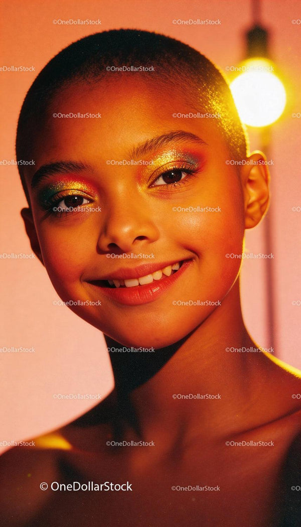 Smiling woman with vibrant multicolor eye makeup