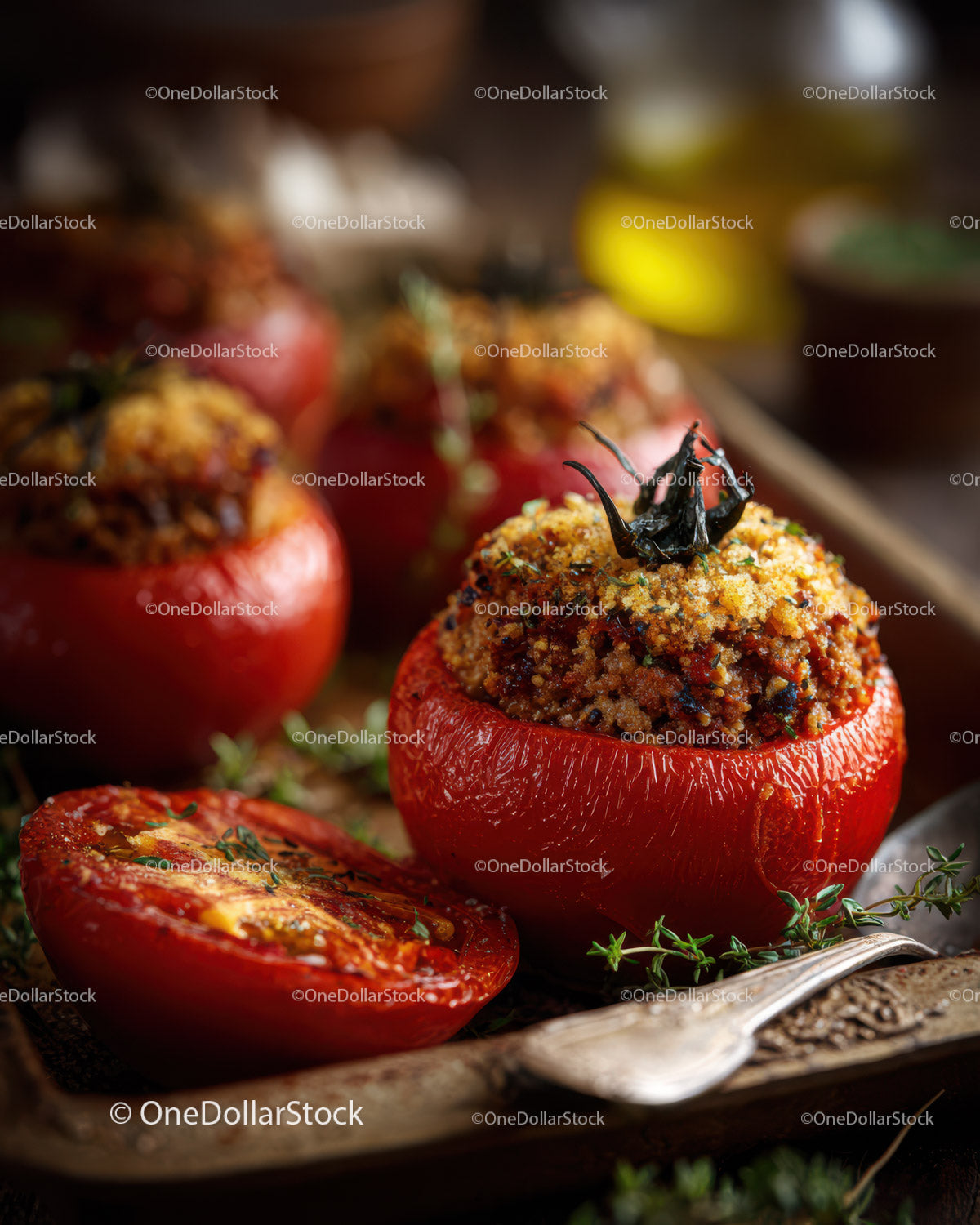 Baked Red Bell Peppers with Breadcrumb Topping and Cherry Tomatoes