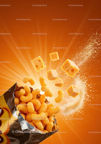Crunchy Cheese Snacks Pouring from Opened Bag