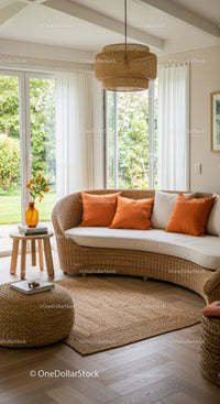 Cozy Rattan Sofa with Orange Cushions by Sunny Windows