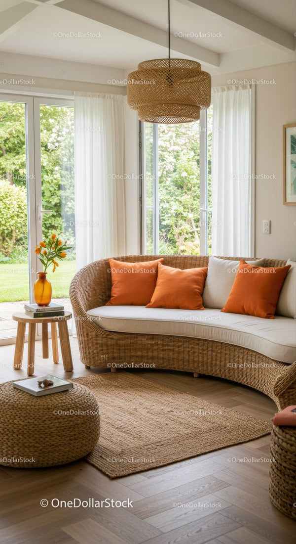 Cozy Rattan Sofa with Orange Cushions by Sunny Windows