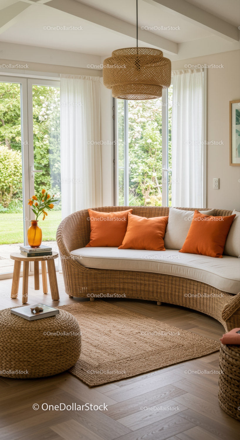 Przytulna sofa rattanowa z pomarańczowymi poduszkami od Sunny Windows