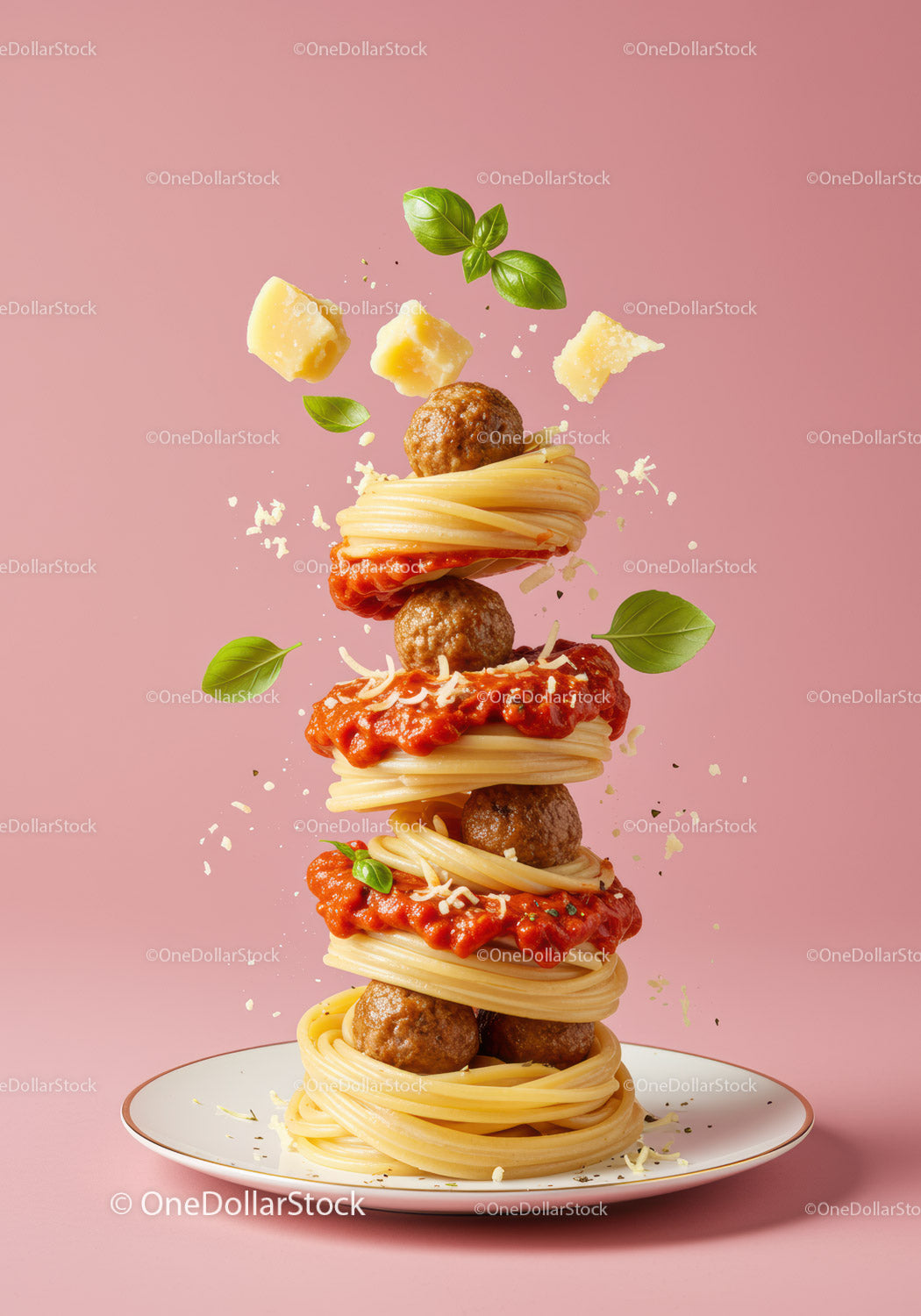 Spaghetti and meatballs tower with tomato sauce and basil