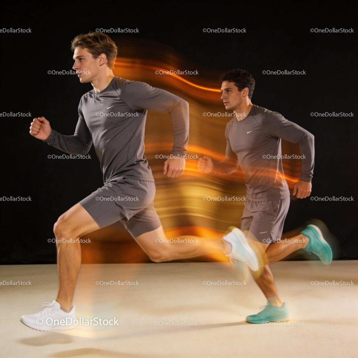 Two Men Sprinting in Athletic Wear with Motion Blur