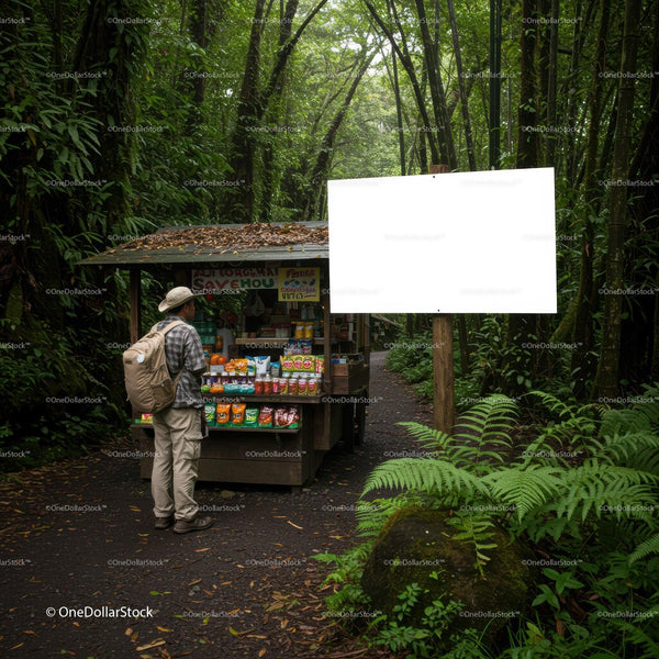 Traveler browsing snacks at forest roadside kiosk JPG Mockup Image