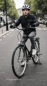 Young man cycling through city street in casual outfit