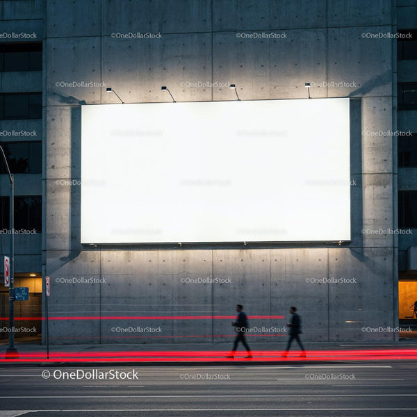 Two business people walking past illuminated blank billboard JPG Mockup Image