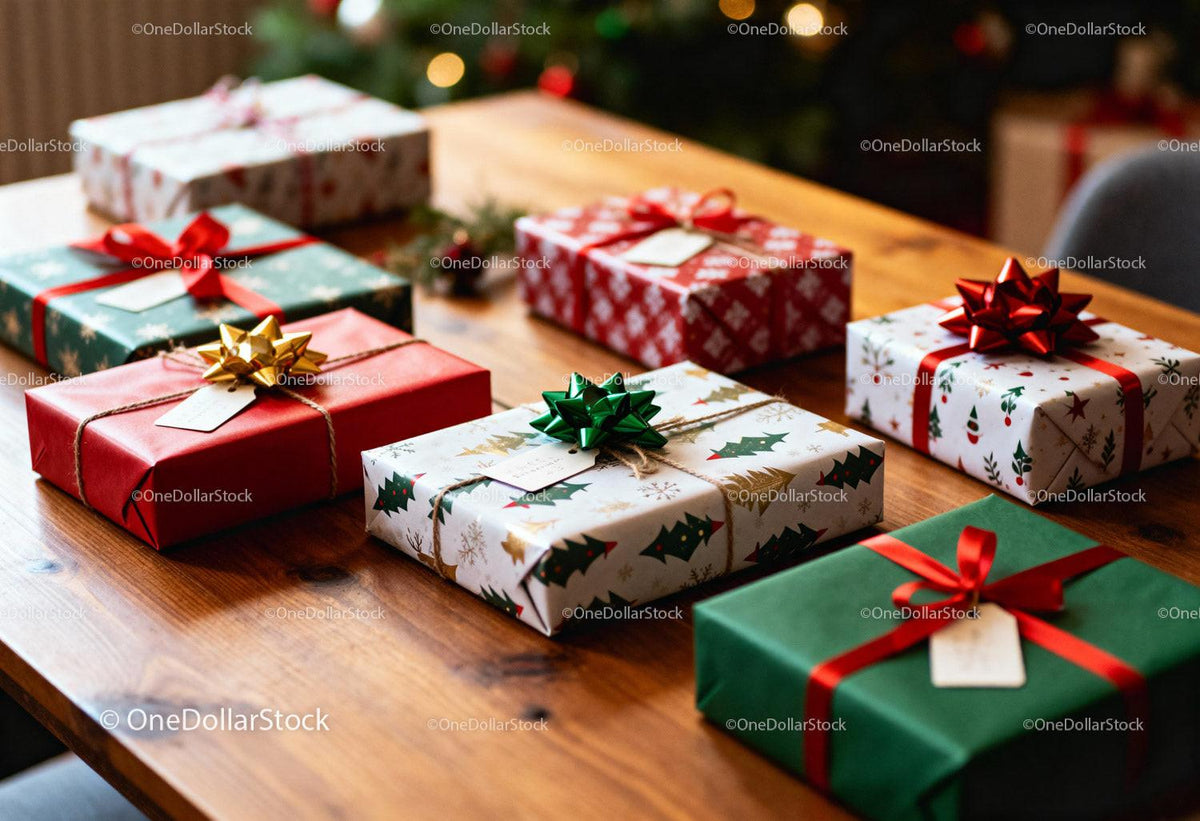 Assorted Christmas Gifts Wrapped with Festive Decorations