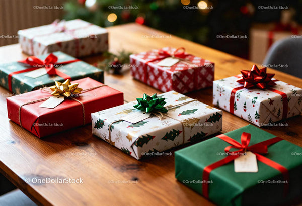 Assorted Christmas Gifts Wrapped with Festive Decorations