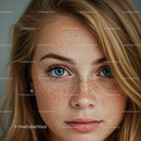 Close up portrait of young woman with natural freckles