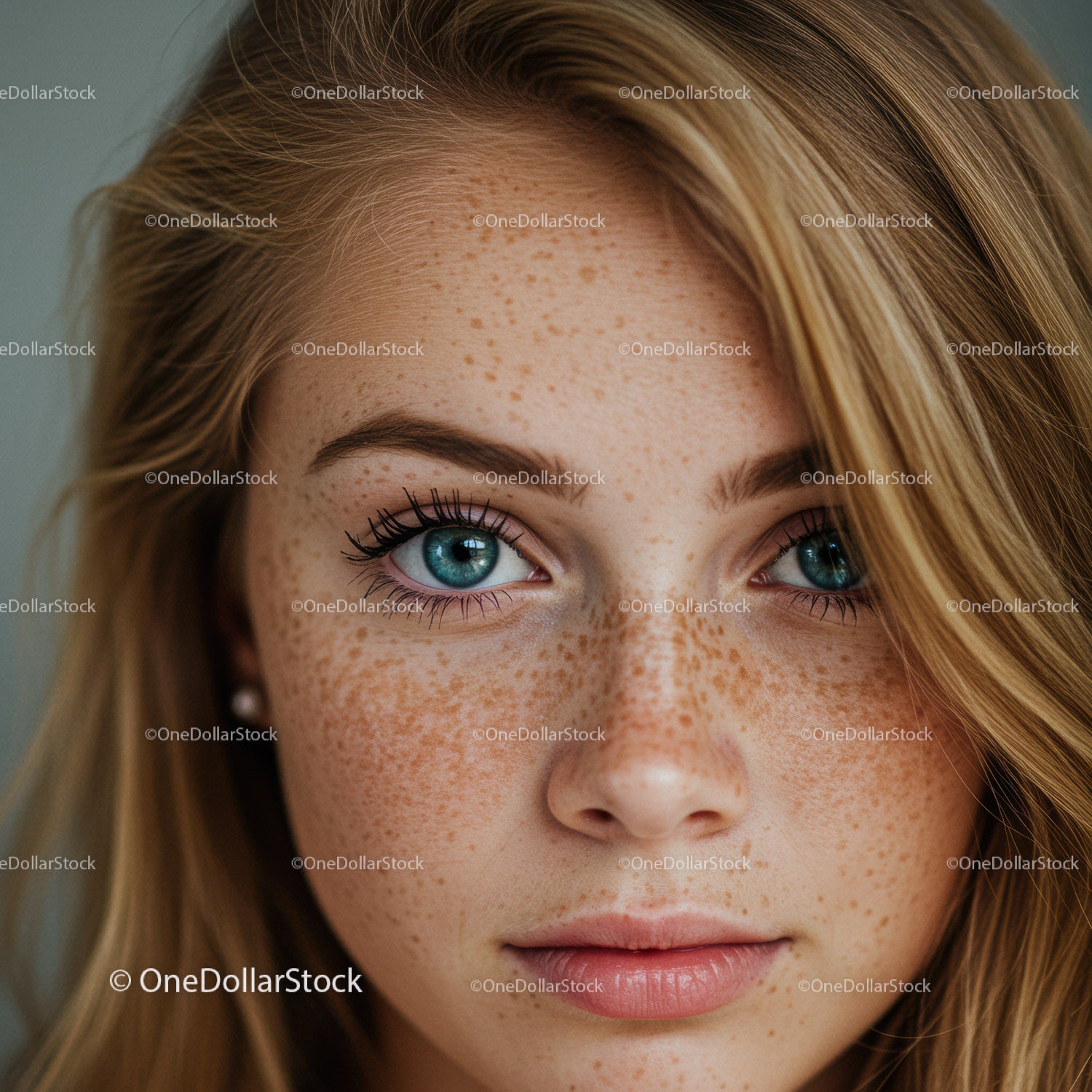 Close up portrait of young woman with natural freckles