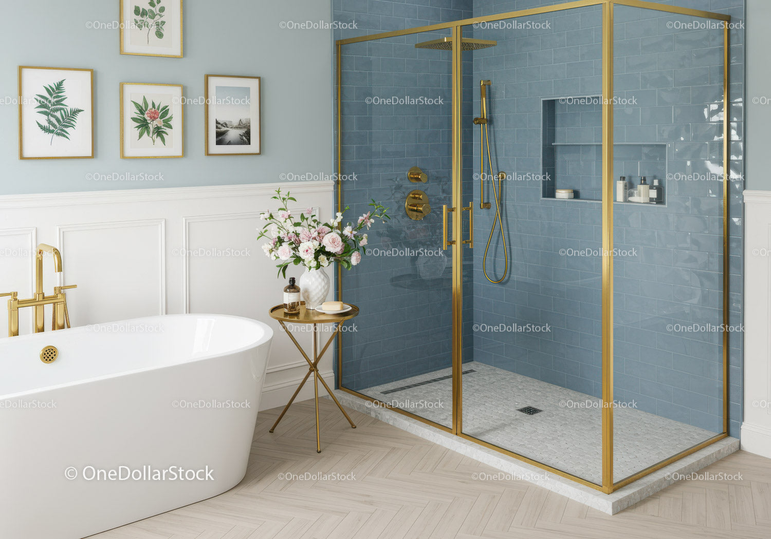 Elegant bathroom with blue tiled shower and freestanding tub