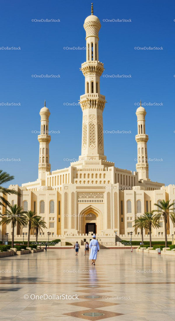 White Minaret Mosque with Tall Spires in Sunny Desert Setting