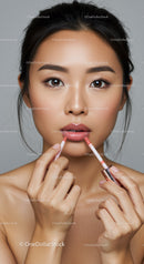 Close-up of a Woman Applying Lip Gloss with Glamorous Makeup
