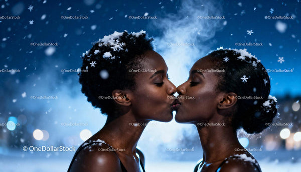 Winter kiss between two women surrounded by falling snow