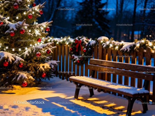 Snow-covered bench near decorated Christmas tree at dusk