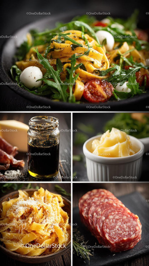 Variety of Fresh Pasta, Salami, and Deli Ingredients on Rustic Table