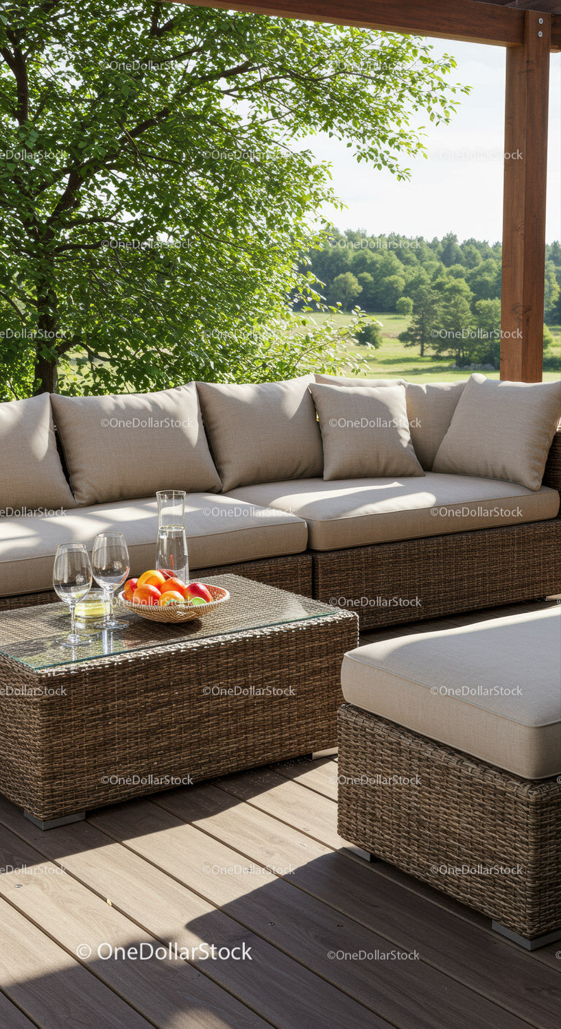 Elegant Outdoor Patio with Wicker Sofa and Scenic Greenery