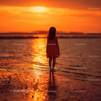 Silhouette of a Child at Sunset by the Ocean Shore