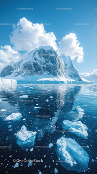 Majestic Snow-Capped Mountain and Floating Ice in Arctic Landscape