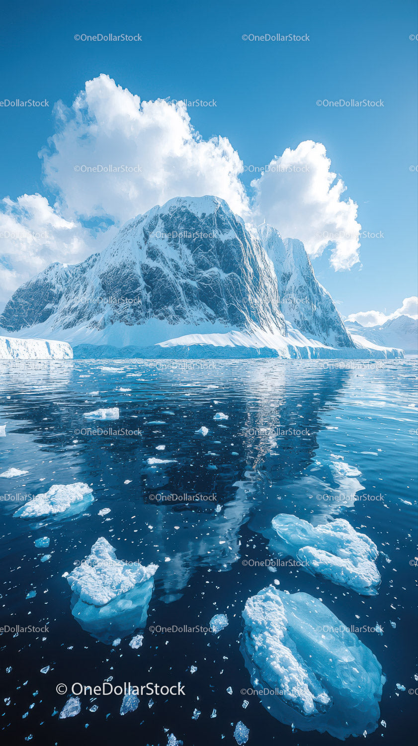 Majestic Snow-Capped Mountain and Floating Ice in Arctic Landscape