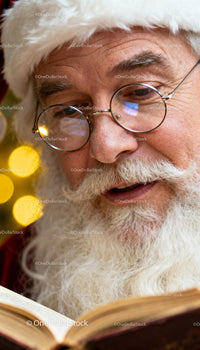 Close-up of Santa Claus Reading a Book by Christmas Light